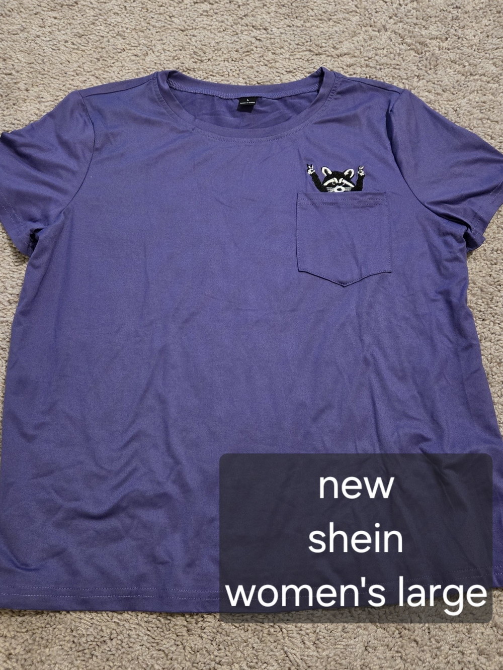 SHEIN Purple Short Sleeve Pocket Tee with Raccoon Embroider